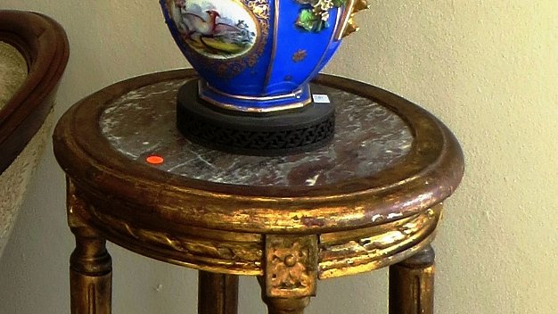 Pedestal French set of two antique identical wood pedestals hand painted in gold and marble top, with a size of 30 inches high...